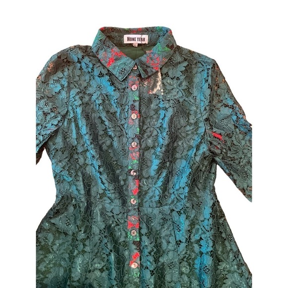 Hone Year Mini Shirt Dress Women's XL Green Floral Lace Lined Cotton Blend - Picture 3 of 9